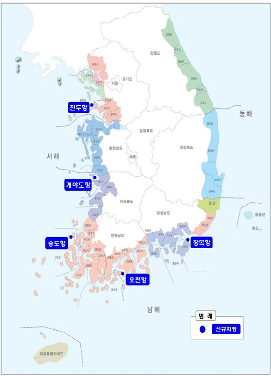 국가어항 신규지정 대상항 위치도. 해양수산부 제공